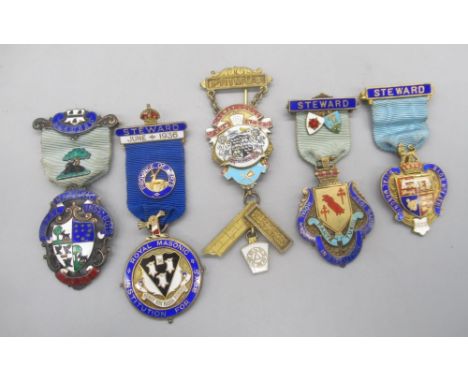Hallmarked Sterling silver and enamel Royal Masonic Institute for Boys, 1936 Steward badge, and a collection of similar silve