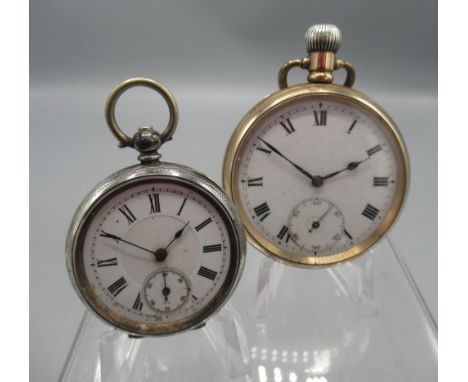 Swiss rolled gold keyless pocket watch, white enamel Roman dial with subsidiary seconds, Dennison Watch Case Co. 'Star' case 