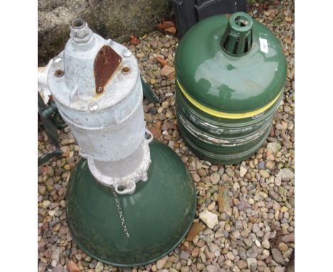 Various green enamel steel lamp shades and an outdoor agricultural lamp. Untested, A/F, (qty)POA  https://www.bradleys.ltd/qu