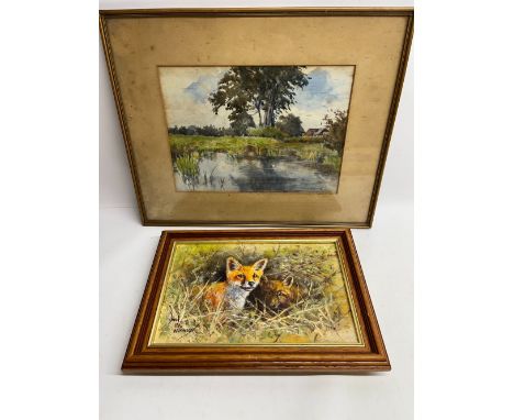 David Wilkinson (British Contemporary) Fox cubs in the undergrowth, oil on canvas, 18.5cm x 29cm and Fred Baird (British 20th