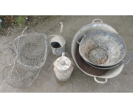 Vintage agricultural items, comprising potato baskets, feeding pans, a wash basin, and a watering can. A/F, (qty)POA  https:/