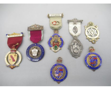 Hallmarked Sterling silver and enamel Royal Masonic Institute for Boys, 1933 Steward badge, and a collection of similar silve