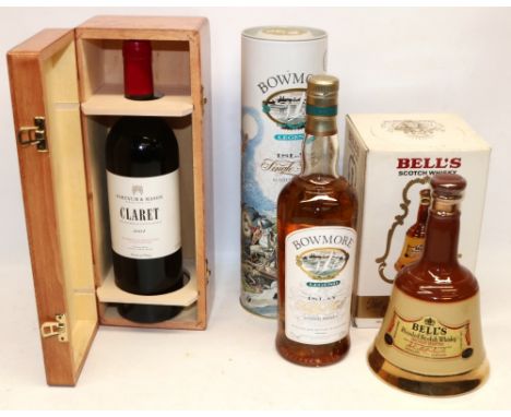 Bowmore Legend Islay Single Malt Scotch Whisky, 70cl/40% vol. in presentation tin; Fortnum & Mason 2004 Claret, 750ml, 12.5% 