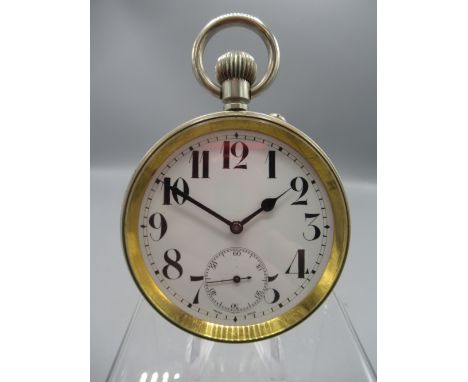 Swiss Argentan keyless pin set goliath pocket watch, white enamel Arabic dial with subsidiary seconds, hinged case back and c