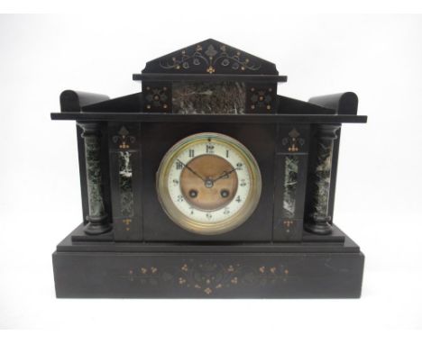 19th Century French slate and variegated marble 8 day mantle clock, architectural case, 4" brass dial with Arabic chapter rin