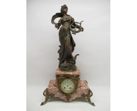 Ed. Coulon, St. Pourçain s/ Sioule, 19th Century French 8 day variegated marble and patinated spelter figural mantle clock, s