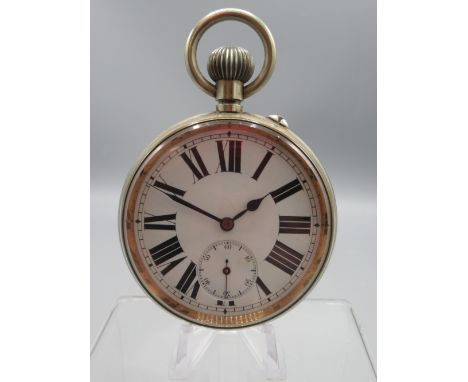 Swiss nickel keyless pin set goliath pocket watch, white enamel Roman dial with subsidiary seconds, hinged case back and cuve