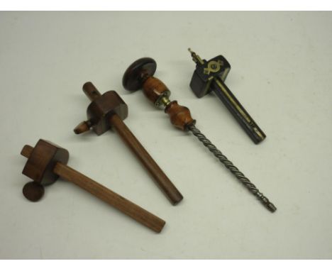 Marples of Sheffield brass mounted wood scribe, two other scribes and an Archimedes screwdriver. A/F, (4)Shipping £33.00 plus