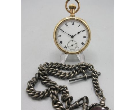 Swiss rolled gold keyless pocket watch, white enamel Roman dial with subsidiary seconds, Star Watch Case Co., Ludington, Mich