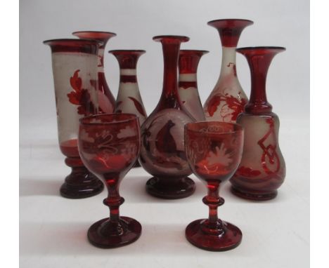 Two 19th Century ruby tinted liqueur glasses, wheel cut decoration, H10cm and other later ruby tinted glasswarePOA  https://w