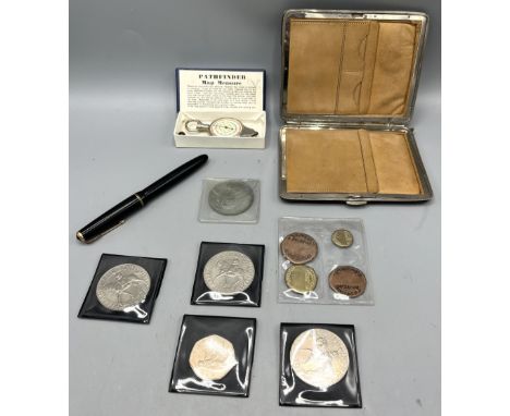 Victorian brown leather wallet, with silver corners  Birmingham 1900, Parker fountain pen, a 1972 GB Commemorative Crown, fou