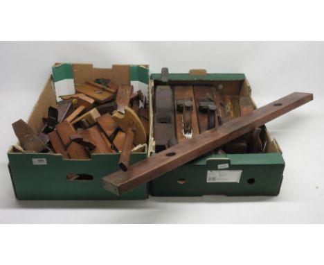 Collection of wood working tools including wooden planes, routers, tooth routers, spirit levels etc.  (2 boxes, qty)POA  http