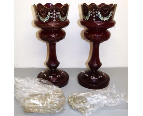 Pair of large ruby glass Victorian lustres with painted decoration, A/F, H44cmShipping £68.00 plus vat (UK Only)