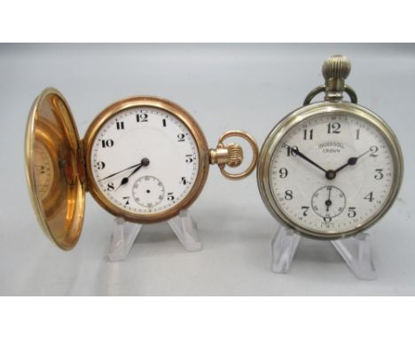 Swiss rolled gold keyless hunter pocket watch, stepped white enamel Arabic dial with subsidiary seconds, Dennison Watch Case 