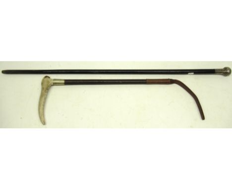 Swaine of England staghorn hunting whip, and a London 1921 silver topped ebonised cane, 90.5cm (2)Shipping £68.00 plus vat (U