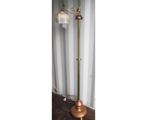 Brass and copper floor lamp with hexagonal glass shade on scroll support, H166cmPOA  https://www.bradleys.ltd/quotation-reque
