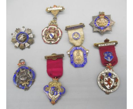 Hallmarked Sterling silver and enamel Royal Masonic Benevolent Institution, 1925 Steward badge, and a collection of similar s