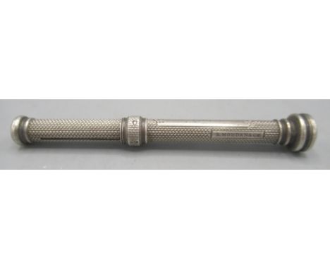 Victorian silver propelling pencil, engine turned pattern, rectangular vacant cartouche and bloodstone seal top by Sampson Mo