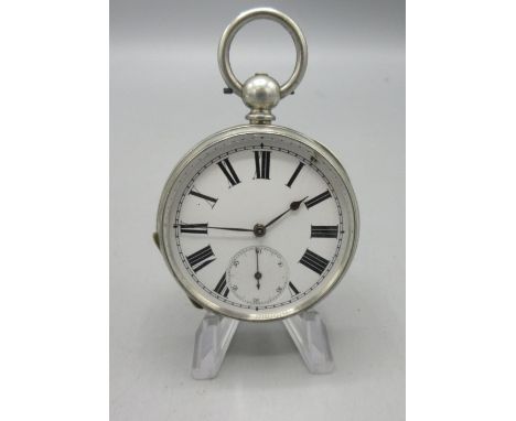 Swiss 'Fine Silver' key wound pocket watch, white enamel Roman dial with subsidiary seconds, coin edged case with hinged case