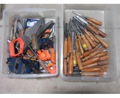Large assortment of vintage wood working tools, including gouges, chisels, files, carving chocks and mallet etc. (3 boxes)POA