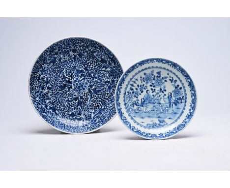 Two Chinese blue and white plates with floral design and figures in a landscape, Kangxi/QianlongH 6,5 cm - Dia.: 30 cm  H 4,6