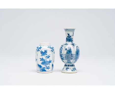 A Chinese blue and white soft paste vase with floral design and a 'ladies and birdcages' vase, KangxiH 11,8 - 7,8 cm