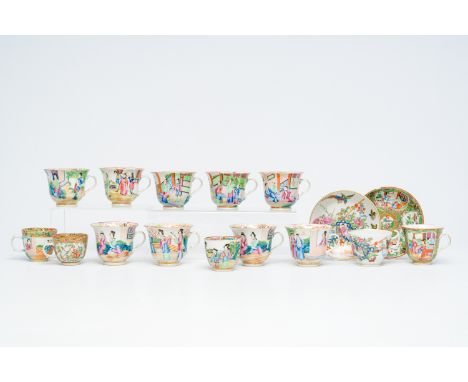 14 Chinese Canton famille rose cups and two saucers, 19th C.H 8 - 6 cm (the tallest and smallest cup) Dia.: 15 - 14,5 cm (the