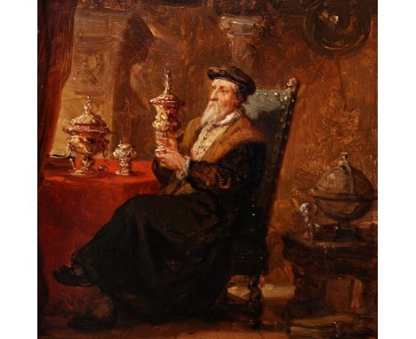 Hendrik Frans Schaefels (1827-1904): The antiques lover, oil on panel, dated 1864Work: 18 x 14 cm Frame: 36,3 x 32,3 cm   The