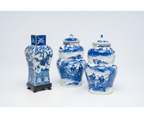 A pair of Chinese blue and white 'equestrian battle scene' vases and a 'scholar' vase, Kangxi marks, 19th C.H 22,3 cm (the va