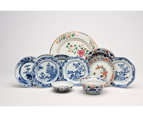 A varied collection of Chinese famille rose, blue, white and Imari style porcelain with landscapes and floral design, Kangxi/