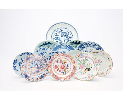 A varied collection of Chinese blue, white, famille rose, Imari style and Samson porcelain plates and dishes, Kangxi and late