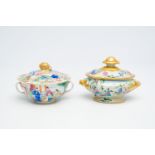 A Chinese Canton famille rose bowl and cover with palace scenes and a tureen and cover with playing