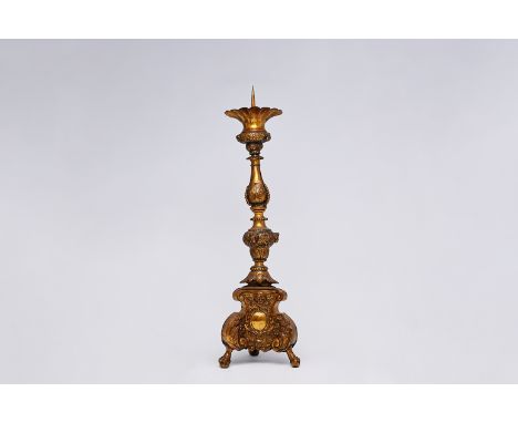 A Baroque dinanderie church candlestick, 18th C.H 92,8 cm