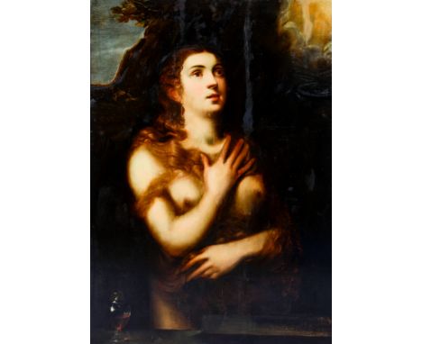 Flemish school, foll. of Titian (ca. 1488-1576), in the manner of M. Coxie (1499-1592): The penance of Mary Magdalene, oil on