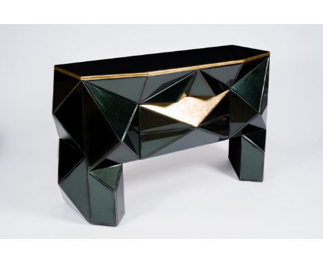 Olivier De Schrijver (1958): A 24 carat gold leaf and velvet finished 'Diamant noir et or' console with two drawers, piece un