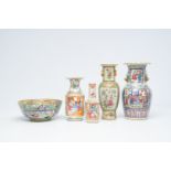 Four Chinese Canton famille rose vases and a bowl, 19th C.