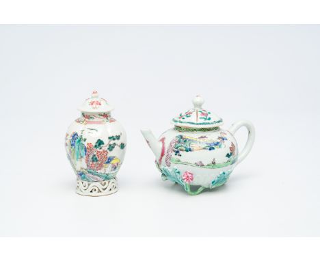 A Chinese famille rose relief-decorated teapot and a tea caddy, Yongzheng/QianlongH 12 cm (the tea caddy)  H 11 - L 15 cm (th