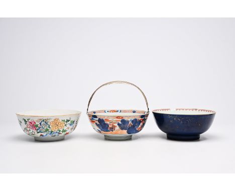 Three Chinese Imari style, famille rose and monochrome blue bowls, Kangxi/QianlongH 11,5 cm - Dia.: 26,2 cm  H 11 cm - Dia.: 