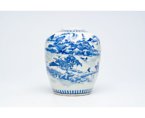 A large Chinese blue and white jar with a fine mountainous landscape, Kangxi mark, 19th C.H 31 cm