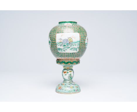 A Chinese famille verte lantern on stand with mythical animals, RepublicH 31,8 cm