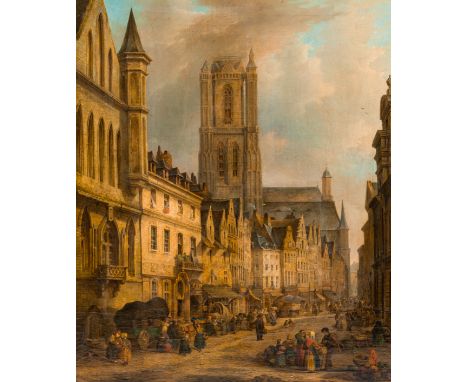 Belgian school, in the manner of Pieter Frans II De Noter (1779-1842): Ghent cityscape, oil on canvas marouflated on board, 1