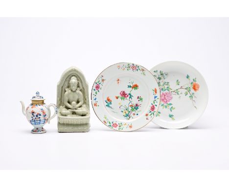 A Chinese Imari style teapot, two famille rose plates with floral design and a celadon 'Buddha' figure, Kangxi and laterDia: 