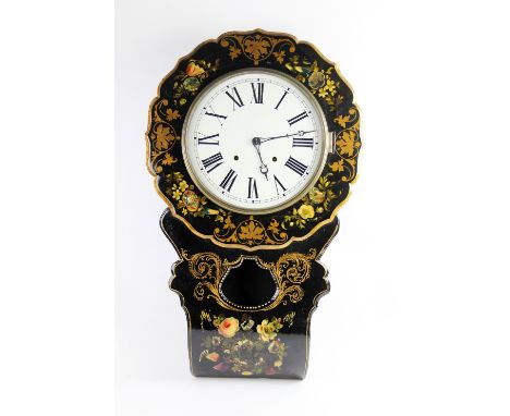 A Victorian painted papier mache drop dial wall clock, the 30cm white dial within a floral painted surround applied with moth