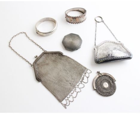 A selection of Victorian and later silver jewellery and accessories, to include a Victorian three-colour silver bangle, marke