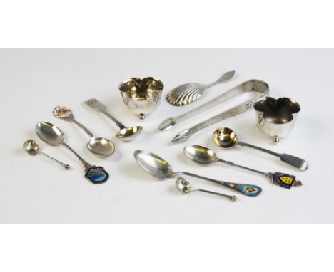 A selection of silver tableware, to include a pair of Victorian silver salts and spoons by Atkin Brothers, Sheffield 1898, ea