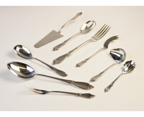 A sterling silver cutlery set, comprising serving spoon, 26cm long, cake slice, 23.5cm long, carving fork, 20cm long, sauce l