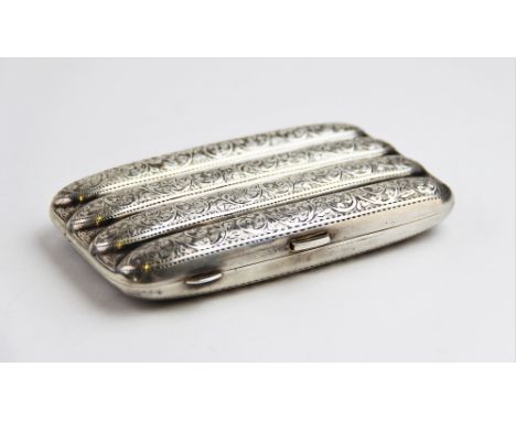 A George V silver cigar case by John Rose, Birmingham 1913, of typical form with scrolling foliate detail to exterior, gilt i