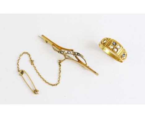 A Victorian 18ct gold diamond and sapphire set ring, the engraved central section set two old cut diamonds and two mixed cut 