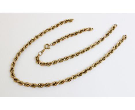 A 9ct gold rope twist chain, with spring ring and loop fastener, 46cm long, weight 8.9gms (at fault) 