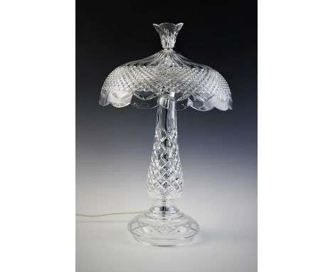 A Waterford Crystal 'Achillbeg' table lamp, the Art Deco style lamp of mushroom form with three lamp holders and in-line cabl